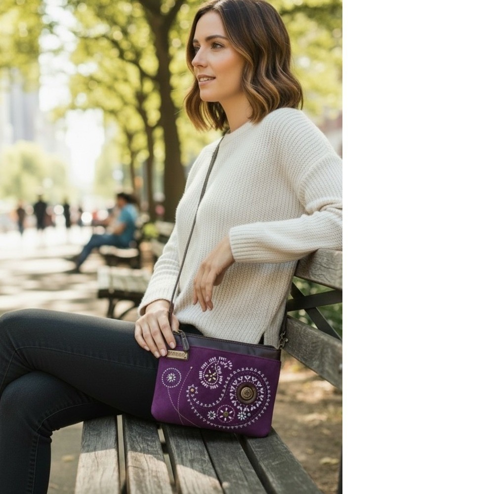 Chala‎ Purple Paisley Embroidered Faux Suede Crossbody Messenger Bag Purse